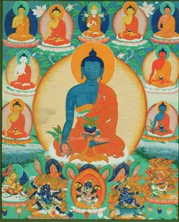 Peinture thangka représentant le Baishajyaguru, Menla avec sept autres Bouddhas de la Médecine, 1780-1880